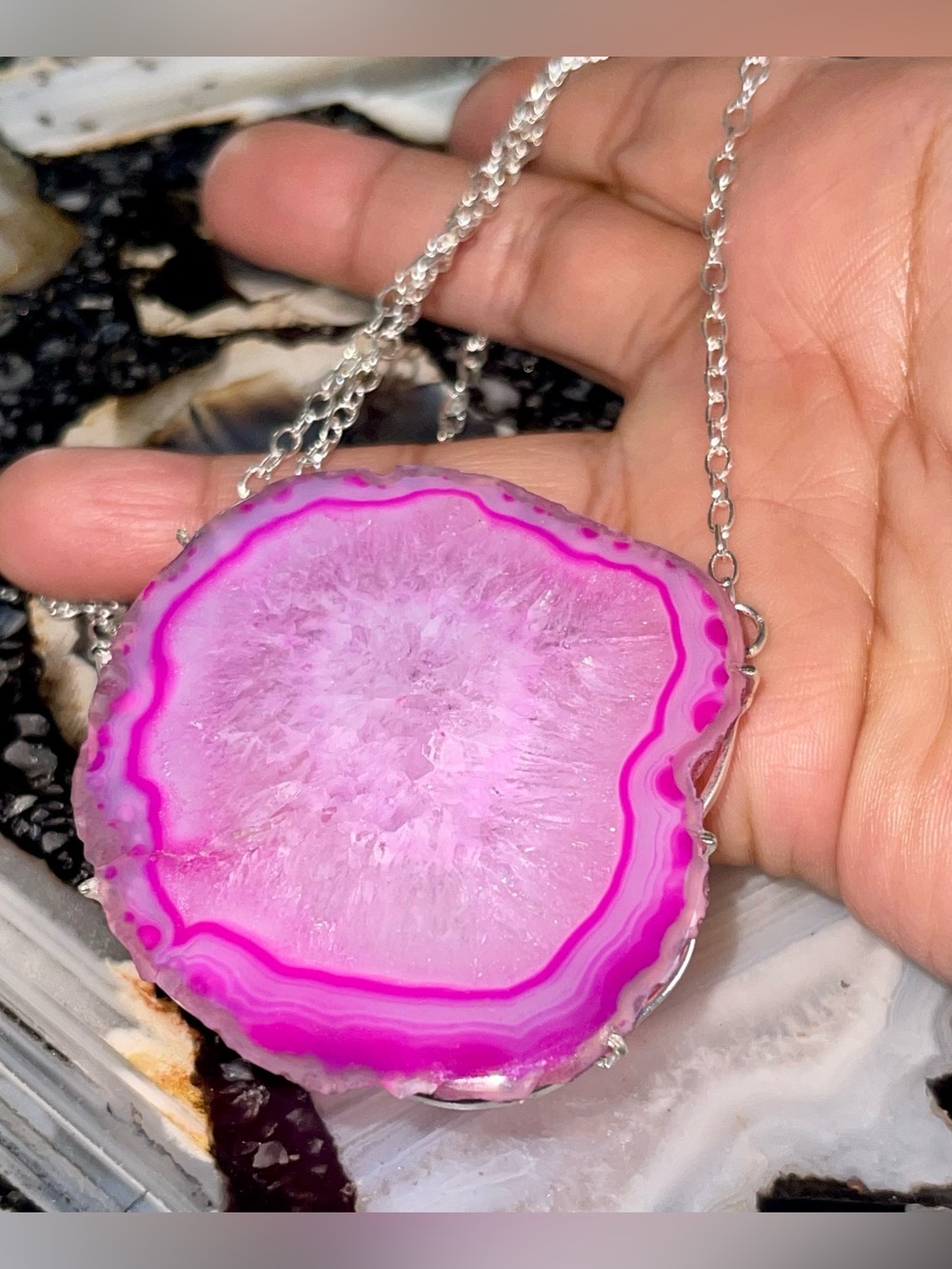 Jumbo Vibrant Pink Agate Geode Slice Drusy Pendant Necklace